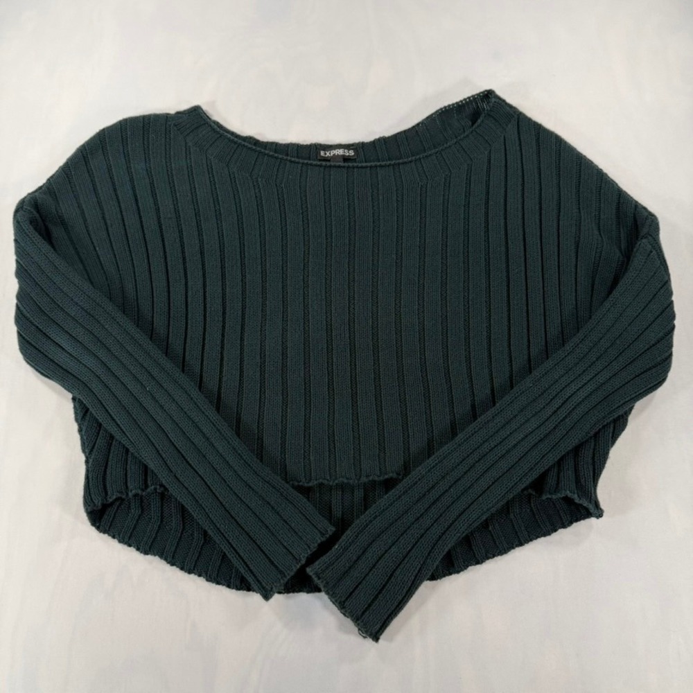 Express Sweater Women Small Green Ribbed Knit Cropped Dolman Sleeve Pullover